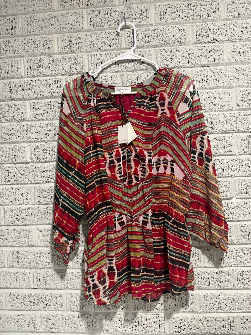 Calvin Klein Red Pink Green Striped Peasant Top
